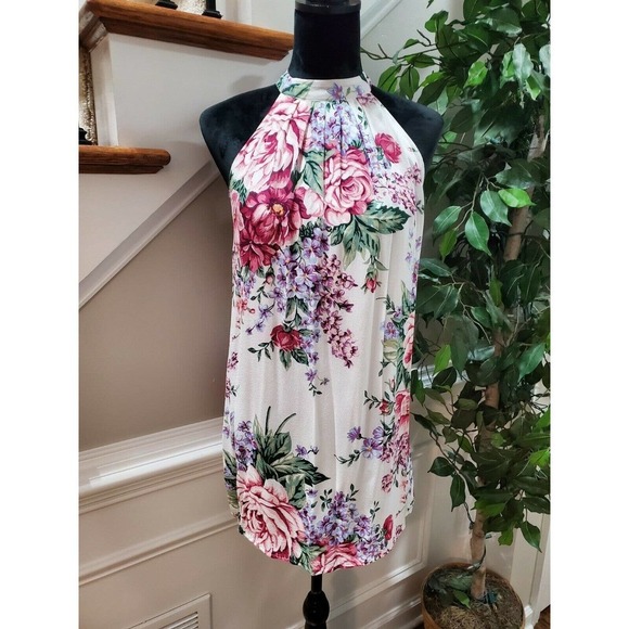 Forever 21 Women White Floral Rayon Halter Neck Sleeveless Knee Length Dress M - Picture 1 of 10